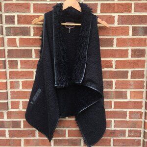 Love Tree Shearling Vest Large Black Faux Fur Vegan Leather Trim Open Front